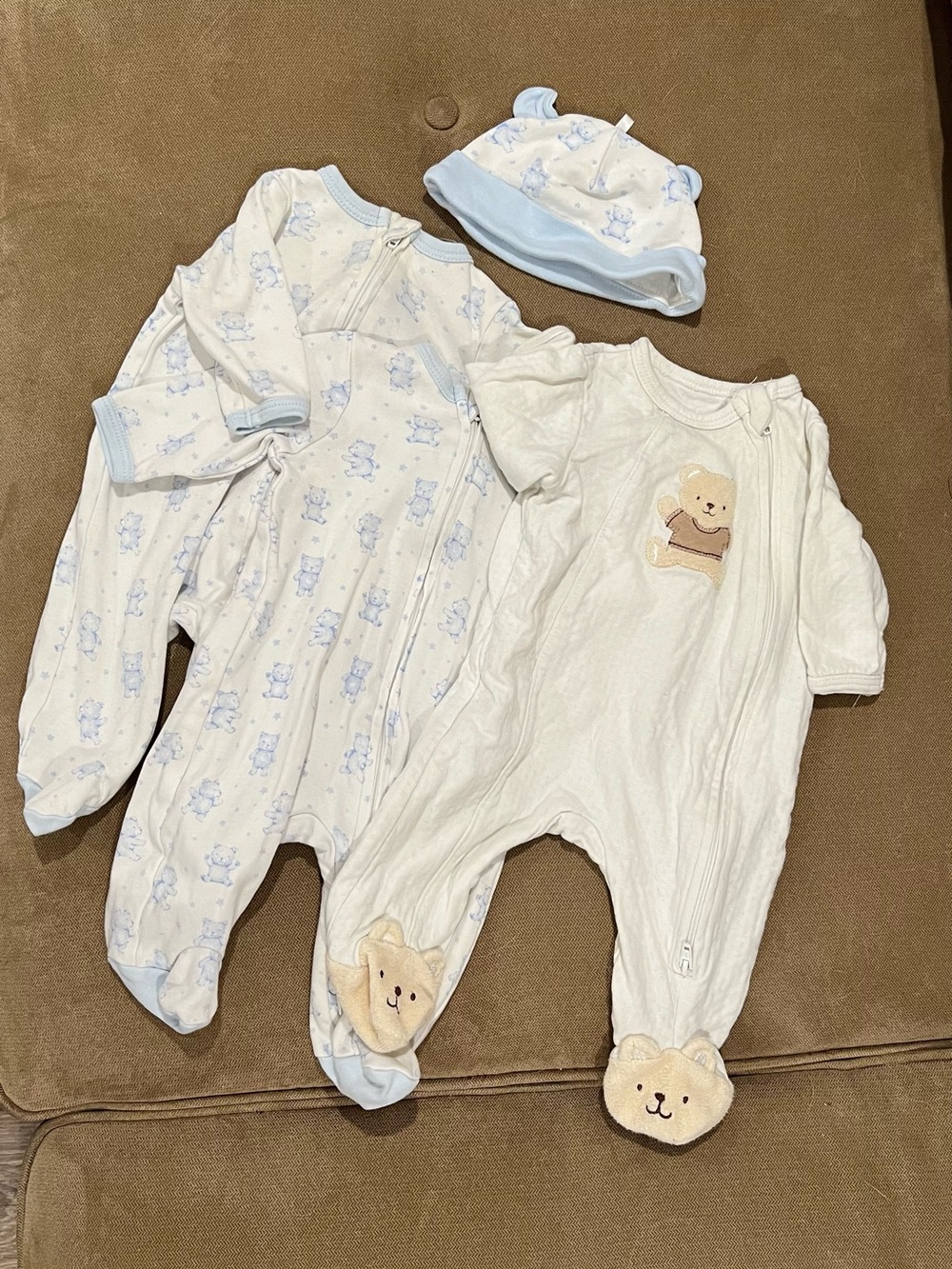 Little Me Blue and Cream Bear Footed One-Piece Set with Hat